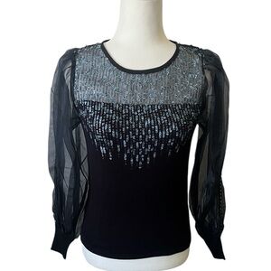 NWT Anthropologie Blank London Dark Navy Sequin Sheer Embroidered L/S Knit Top